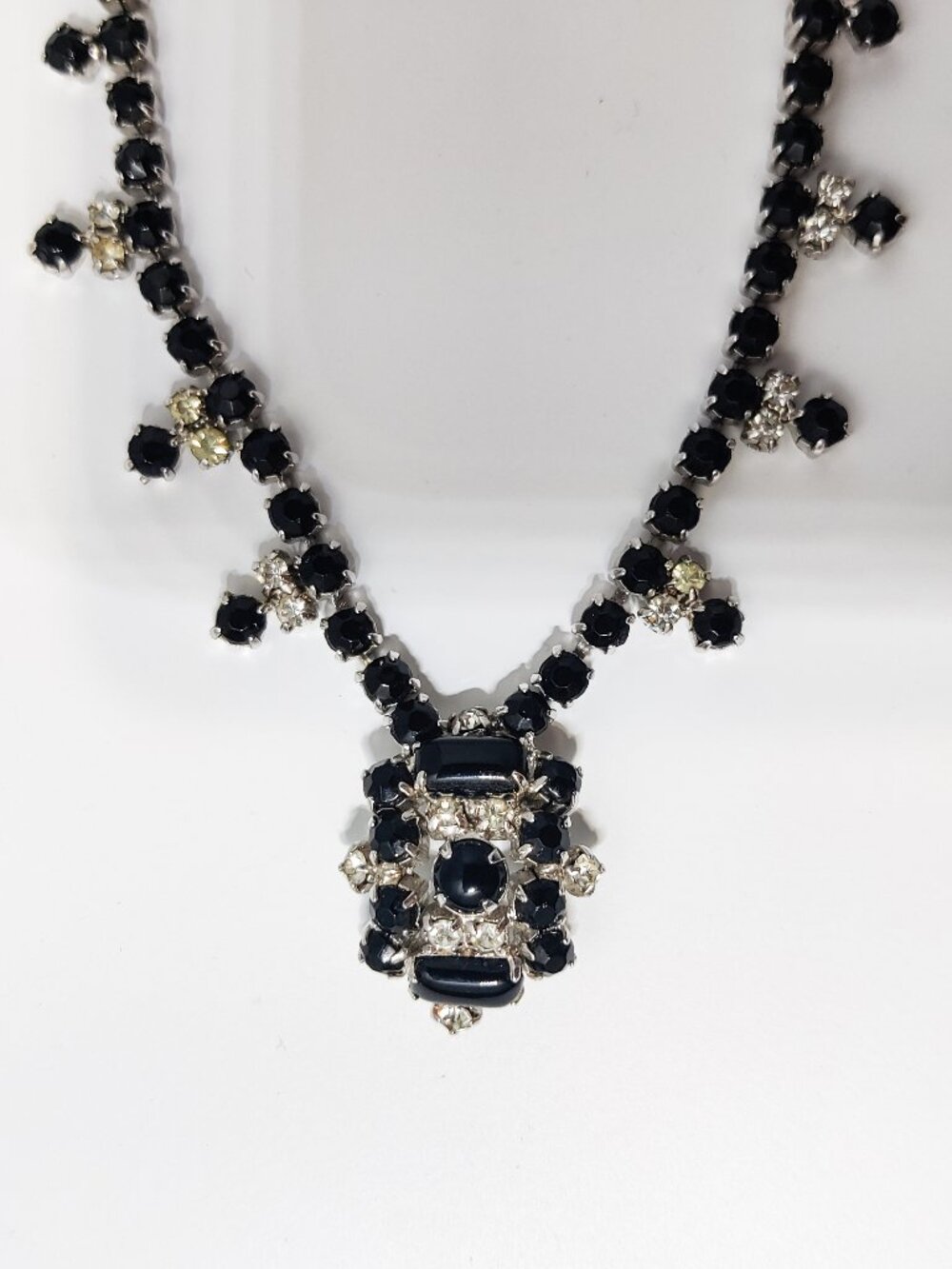 Vintage Black Milk Glass Rhinestone Collar Necklace